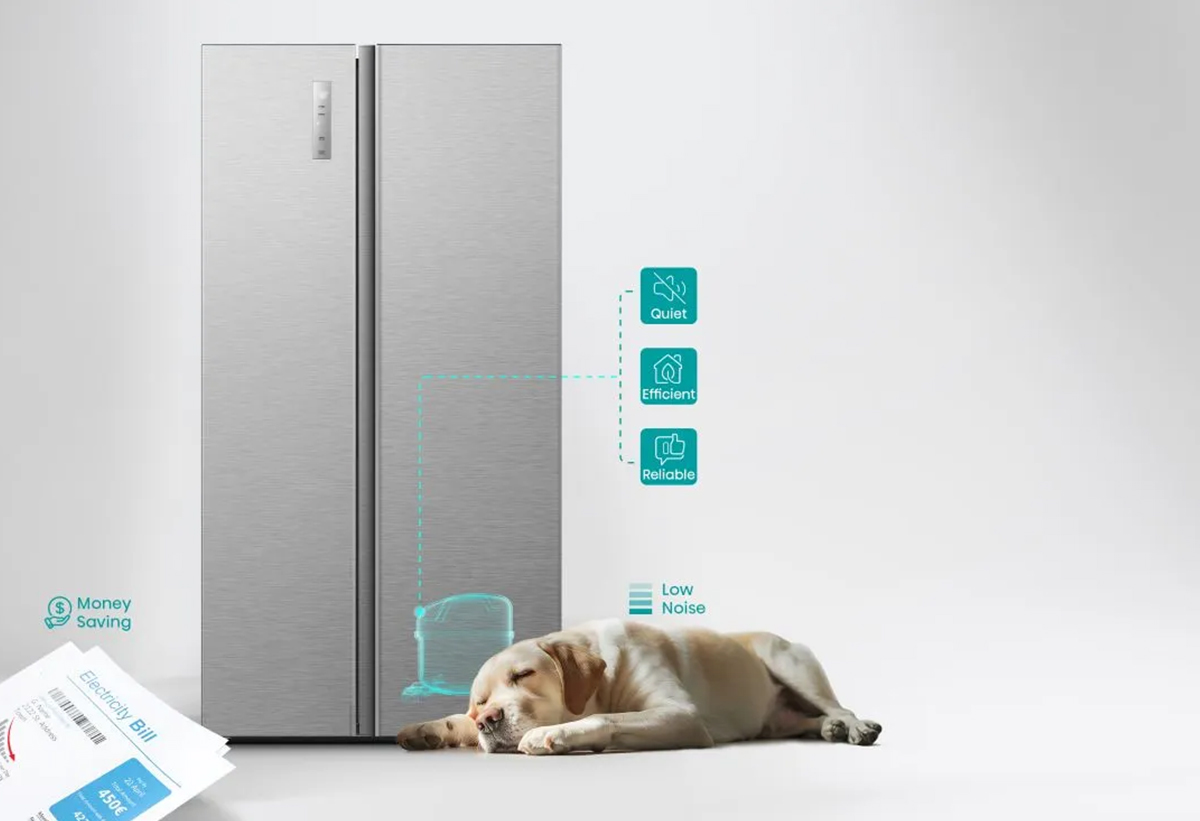 Απεικονίζεται το ψυγείο με εικονίδια που δηλώνουν τα πλεονεκτήματα του inverter. Δίπλα κοιμάται ένας σκύλος.